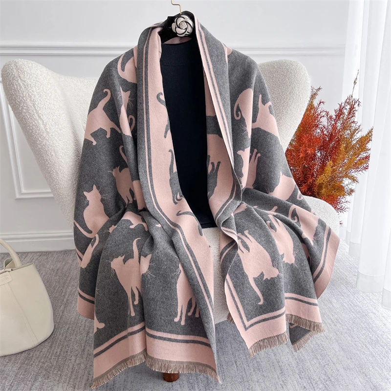 

Зимний женский роскошный жаккардовый кашемировый шарф с кошачьим узором, женское теплое одеяло, шейный платок Bufanda Girl Echarpe, палантин, шаль