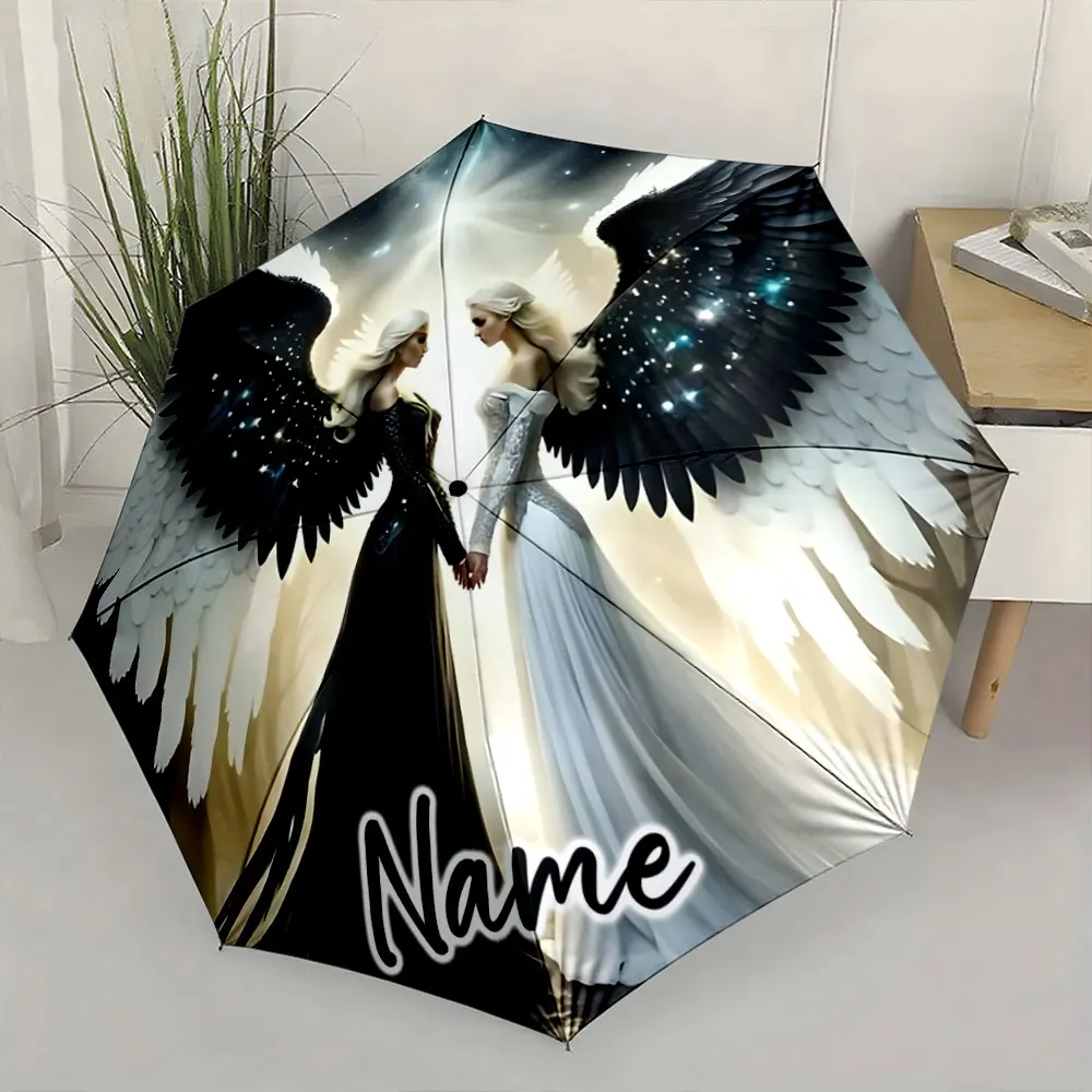 Custom Name Two Angels with Contrasting Wings Adorn Elegant Umbrella 8 Iron Ribs Folding Umbrella Auto-Open Fashion Sunshade