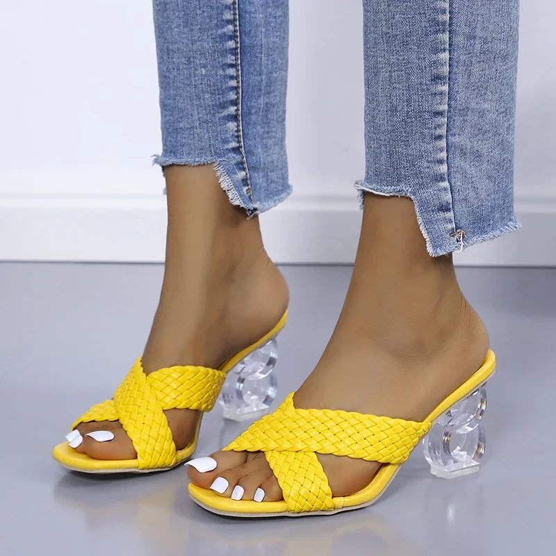 Sandali trasparenti con tacchi alti strani donna estate 2021 Plus Size tessere pantofole femminili moda giallo Open Toe Slides