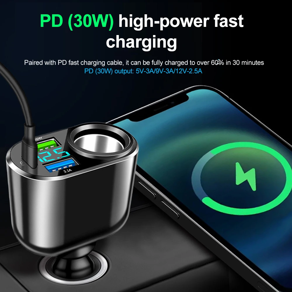 Car Cigarette Lighter Socket Splitter Charger PD QC3.0 Fast Charger Type-C Dual USB Digital Display Power Adapter For All Phone