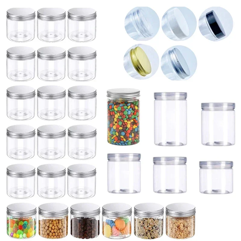 

10Pcs Clear 150ml-580ml Refillable Plastic Jars Straight Cylinders Jar Containers Wthe Aluminum Lids for Dry cargo Candy Jams