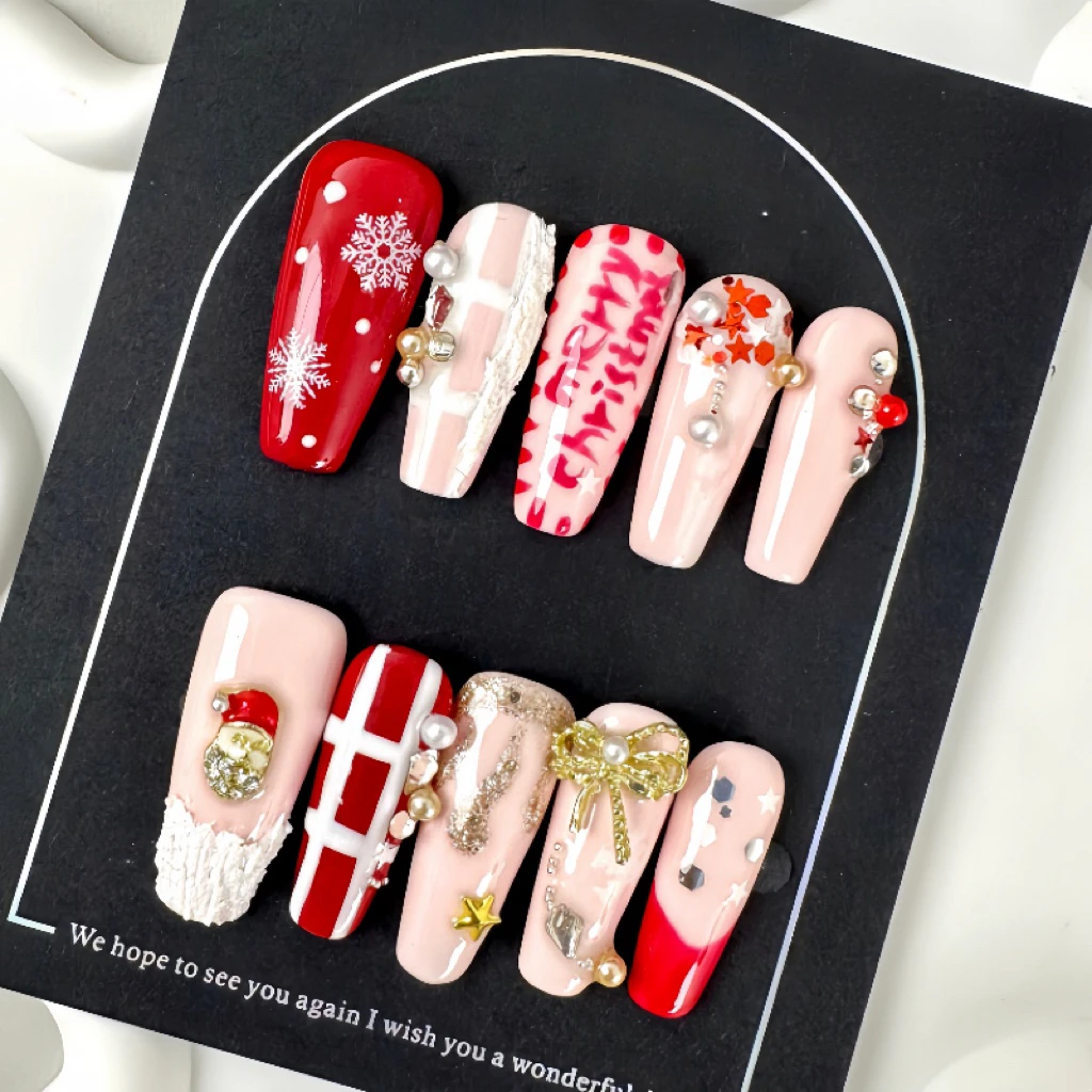 10pcs Christmas False Nail Long Ballet Nail Extension Full Nail Cover Manicure Gingerbread Man Wearable Press On Fake Nail Decor