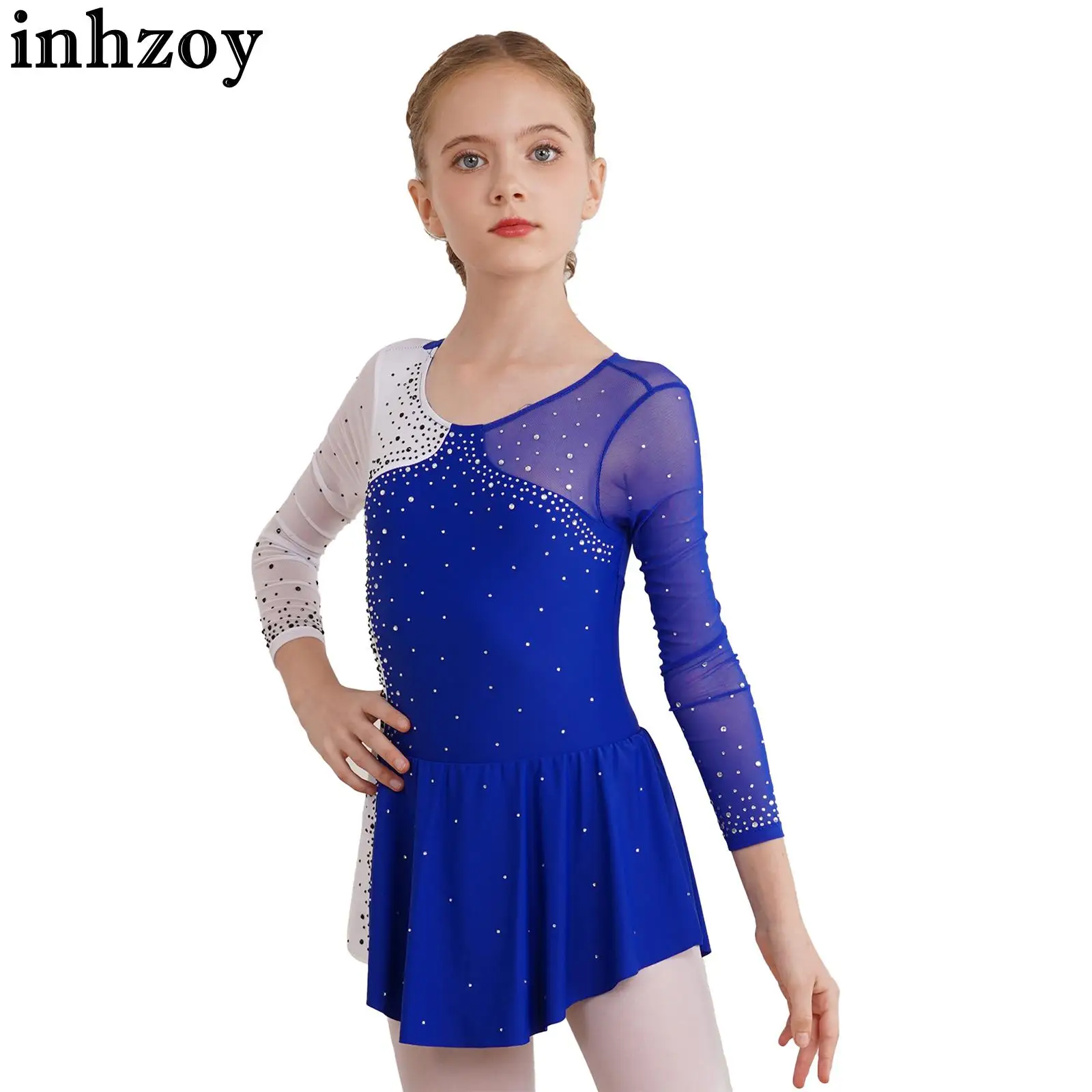 Figure Ice Skating Dress Kids Girls Long Sleeve Shiny Rhinestone Ballet Dance Rhythmic Gymnastics Leotard Performance Dancewear