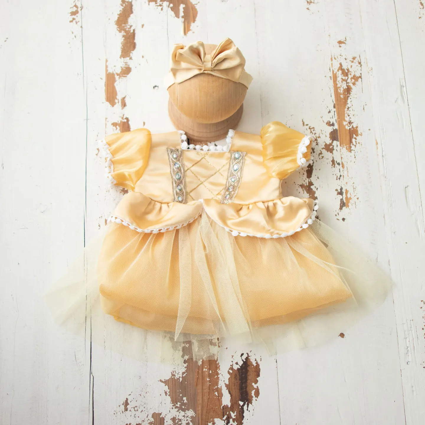Newborn Photography Props Baby Girls Princess Yellow Dress with Bow-Knot Headband 2pcs Set for Studio Photo Shooting Photoshoot