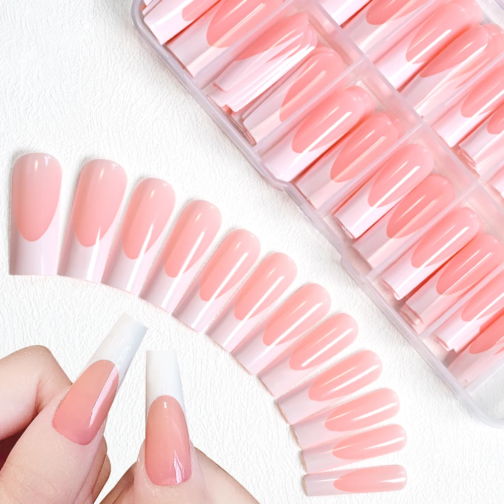 Faux ongles français longs et carrés, en acrylique, pointes d'extension d'ongles de Ballet portables, blanc doux, couverture complète française, à pression, 120 pièces