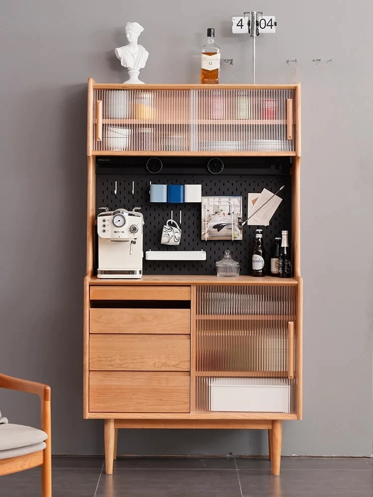 

Household tea cabinet cherry solid wood Nordic dining side wine cabinet integrated against the wall Japanese high locker