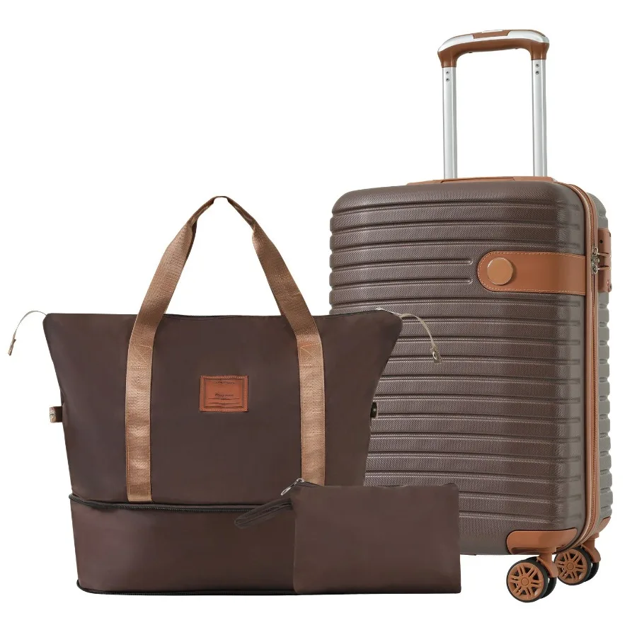 Luggage Sets 3 Piece Carry on for Air Travel, ABS Hardshell Brown Suitcases, Lightweight with Wheels, Airline Approved 22x14x9
