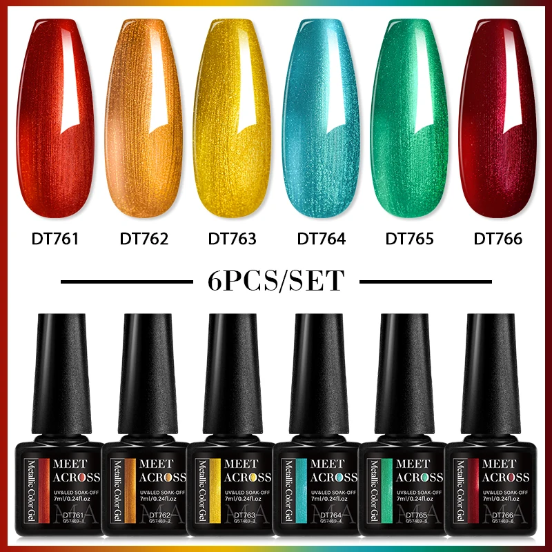 MEET ACROSS 6 Pz/set Specchio Metallico Gel Smalto Per Unghie Oro Argento Verde Semi Permanente Unghie Artistiche Gel UV Vernice Kit Manicure