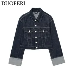 DUOPERI Women Fashion Denim Blue Single Breasted Jacket Lapel Neck Long Sleeves With Pockets Female Chic Lady Casual Outwear