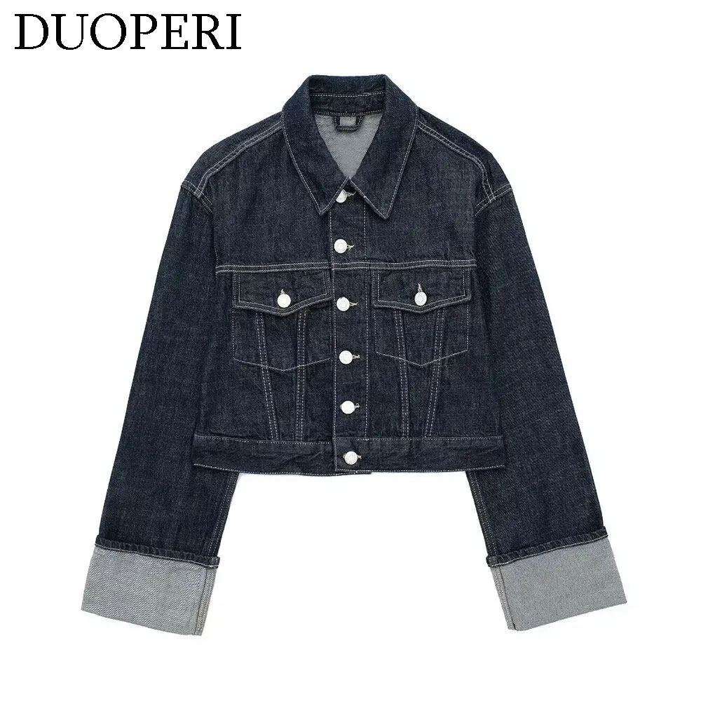 DUOPERI Women Fashion Denim Blue Single Breasted Jacket Lapel Neck Long Sleeves With Pockets Female Chic Lady Casual Outwear