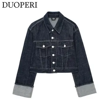 DUOPERI Women Fashion Denim Blue Single Breasted Jacket Lapel Neck Long Sleeves With Pockets Female Chic Lady Casual Outwear