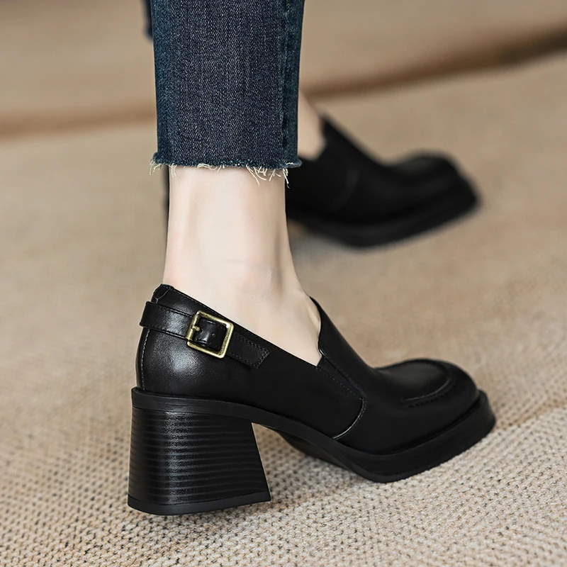 New Women's High Heels Chic Black Leather Slip-on Autumn Pumps Designer Fashion Footwear Women's Retro Thick Bottom Block Heels