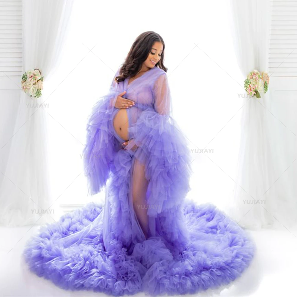 Customized Maternity Robe Women Dress Puffy Tulle Robes for Photo Shoot Ruffle Split Long Dressing Gown Baby Shower Sleepwear