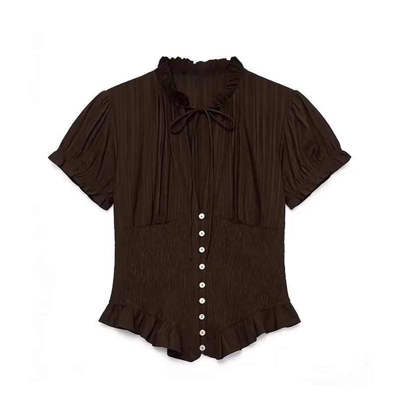 

Женские топы с рюшами и круглым вырезом, модные блузки с пышными короткими рукавами на одной пуговице, женские рубашки с бантом, шнуровкой и плиссировкой на резинке