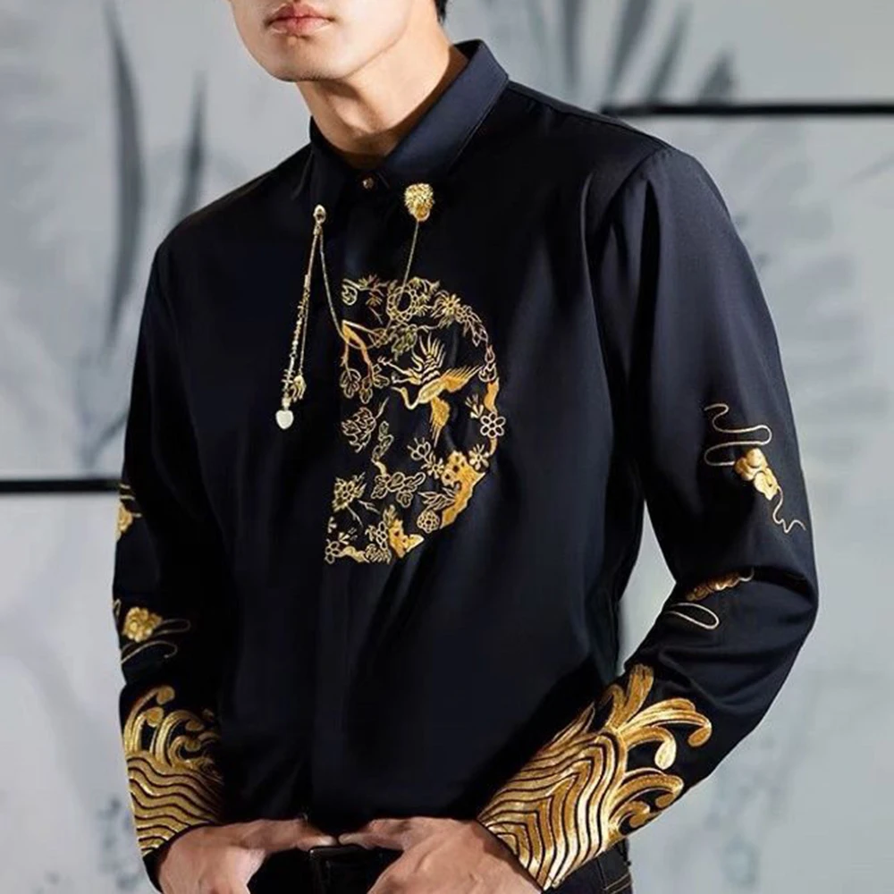 

Spring Autumn New Fashion High Quality Chinese Style Embroidered Shirt Men'S Retro Slim Shirt Long Sleeve Personality Tops Men