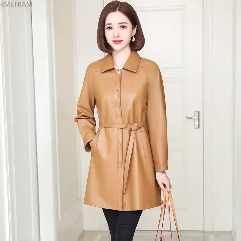 2024 Echte Leren Jas Vrouwen Echte Schapenvacht Leren Jassen Vrouw Mid-Length Trenchcoat Voor Vrouwen Slanke Koreaanse Streetwear