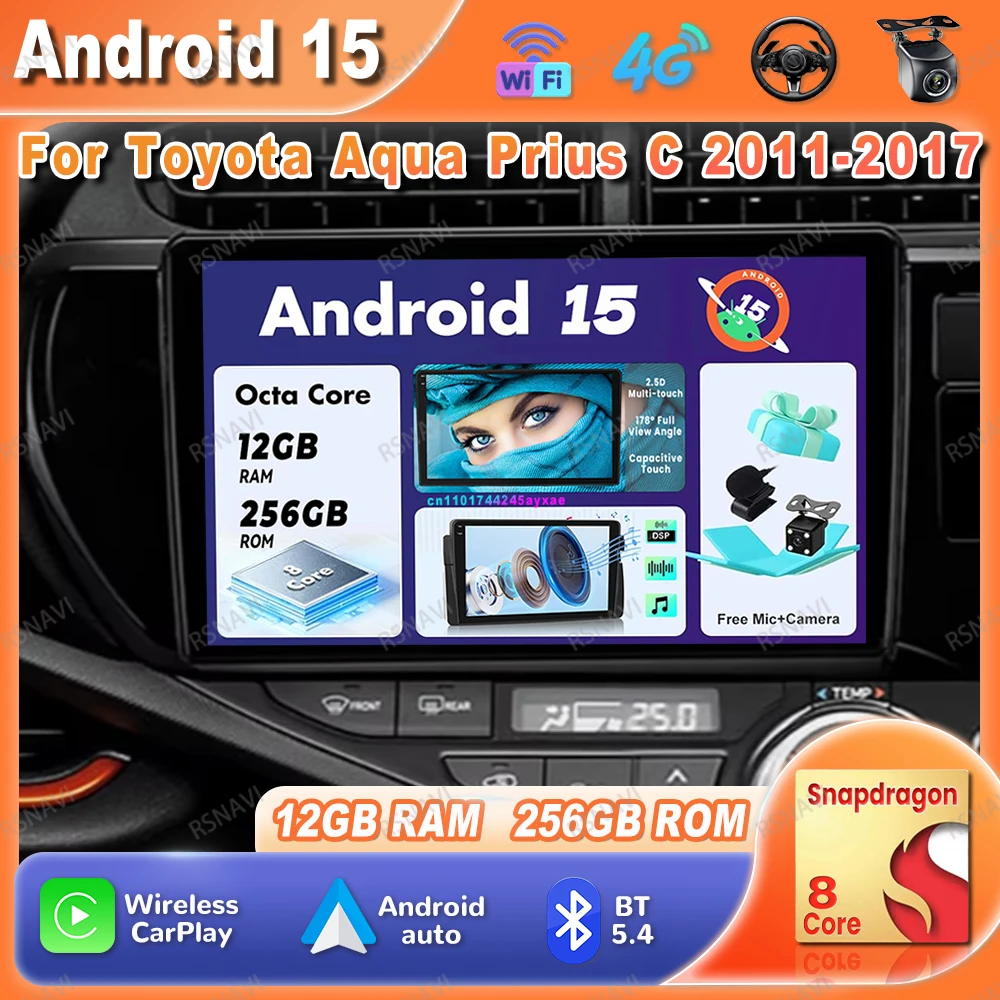 

Автомобильный радиоприемник Android 15 для Toyota Aqua Prius C 2011-2017, беспроводной стерео BT RDS DVD Qualcomm AI Voice Carplay Navigation 5G WIFI