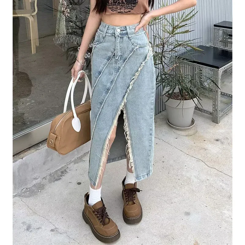 

Female Korean Irregular Vent Slit Denim Skirt Summer Lady 2025 New Designer Thin Jeans Skirt Girls Chic Ripped High Waist Dress