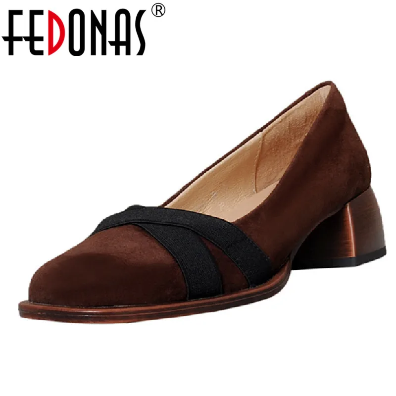 FEDONAS 2025 Spring Summer Classic Women Pumps Office Ladies Casual Kid Suede Leather Thick Heels Shoes Woman Vintage Concise