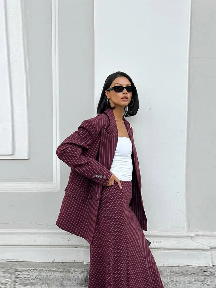 

Шикарный полосатый костюм, куртка, длинная юбка, комплект, женские элегантные двубортные куртки, тонкие юбки, женские классические уличные офисные наряды