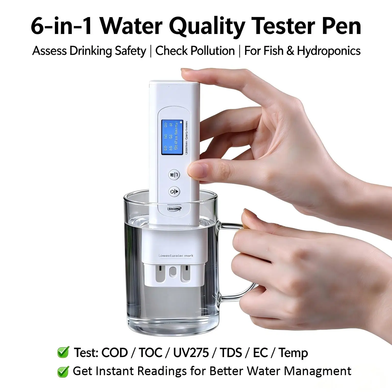 6 in 1 Water Quality Tester Pen for RO System Purifier Filter Check, Digital COD/TOC/UV275/TDS/EC/Temp Meter with Color Screen