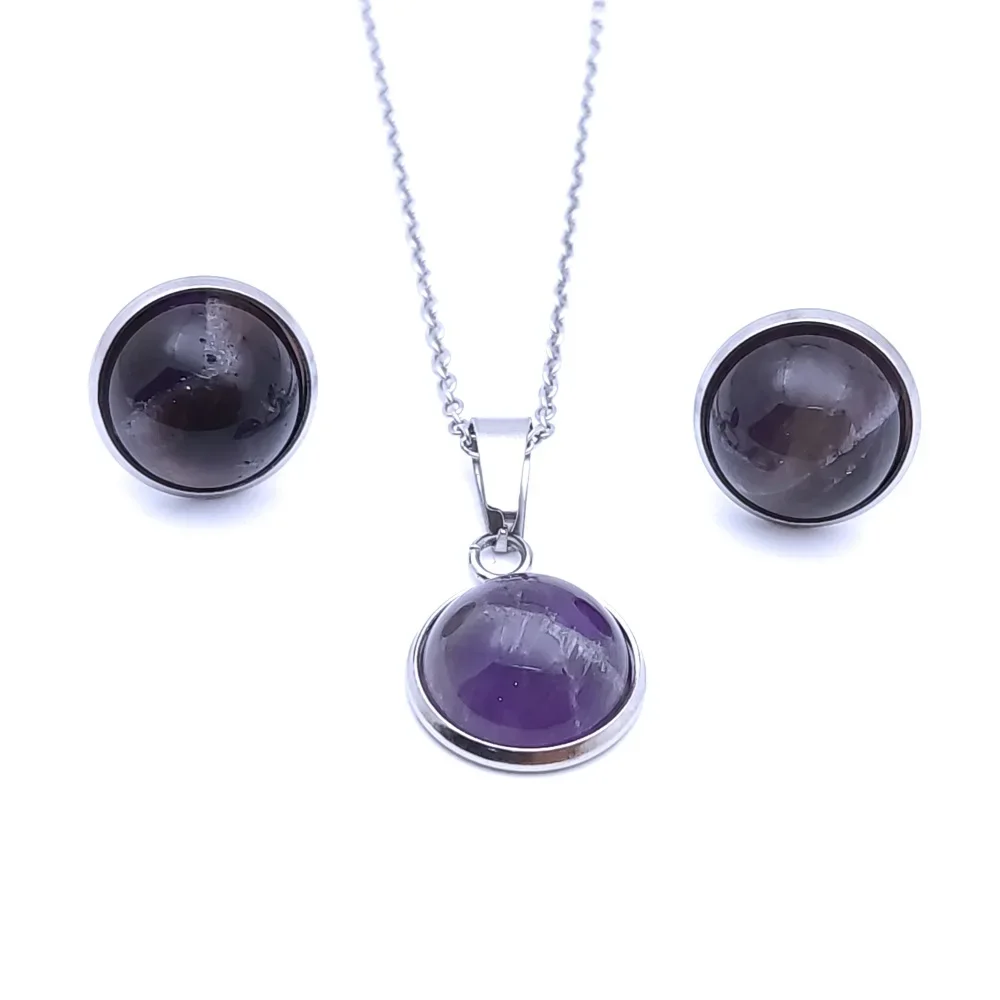12MM Stone Pendant Stainless Steel Stud Earrings Necklace Jewelry Set Tiger Eye Opal Blue Pink Crystal Collar Women Men Gift
