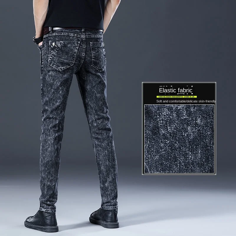 Fashion baju gaya Korea pria, Jeans Slim-Fit klasik Kpop gaya klasik, celana koboi kasual abu-abu asap untuk lelaki