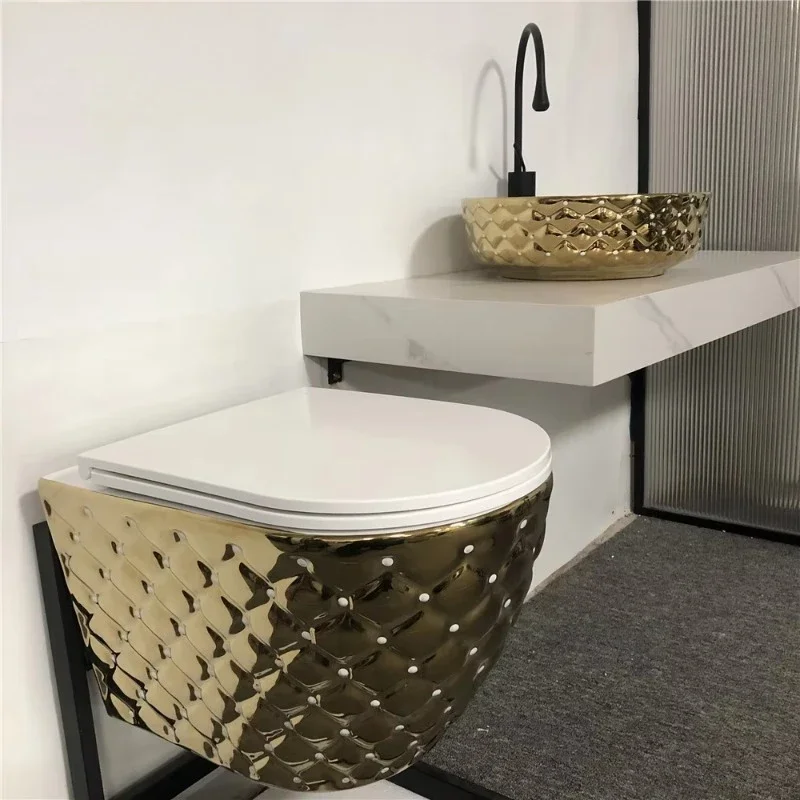 Sanitary Ware Luxury Royal Gold Plated Ceramic Hung Toilet Wall Mounted Toilet Seat Wall Hung Wc Toilet with Bidet Set