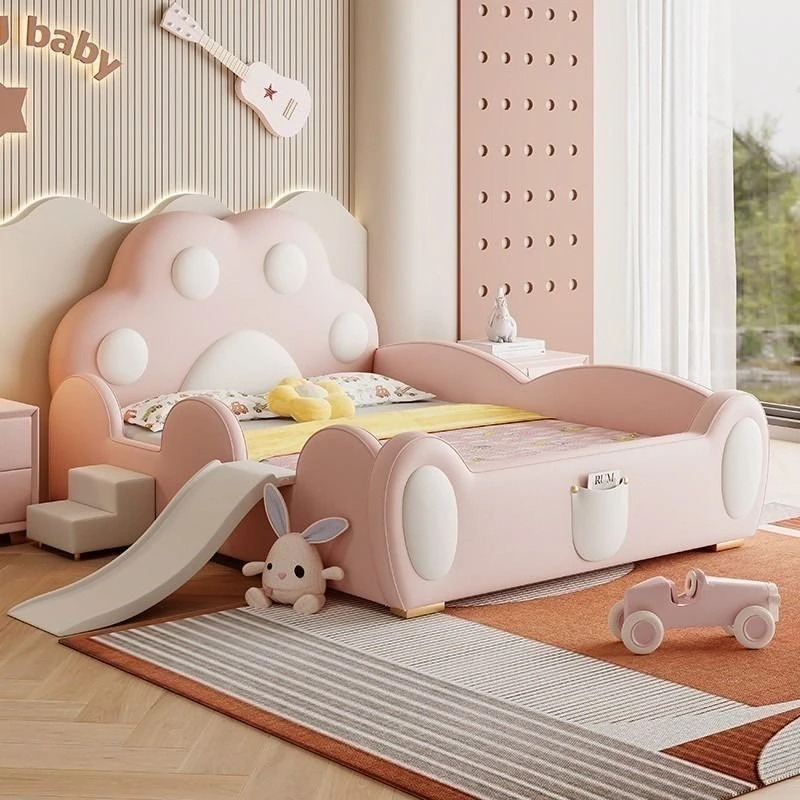 cute cat claw shape Bed 1.8m princess guardrail with slide comfortable 150x200 bed soft solid wood camas bedroom furniture