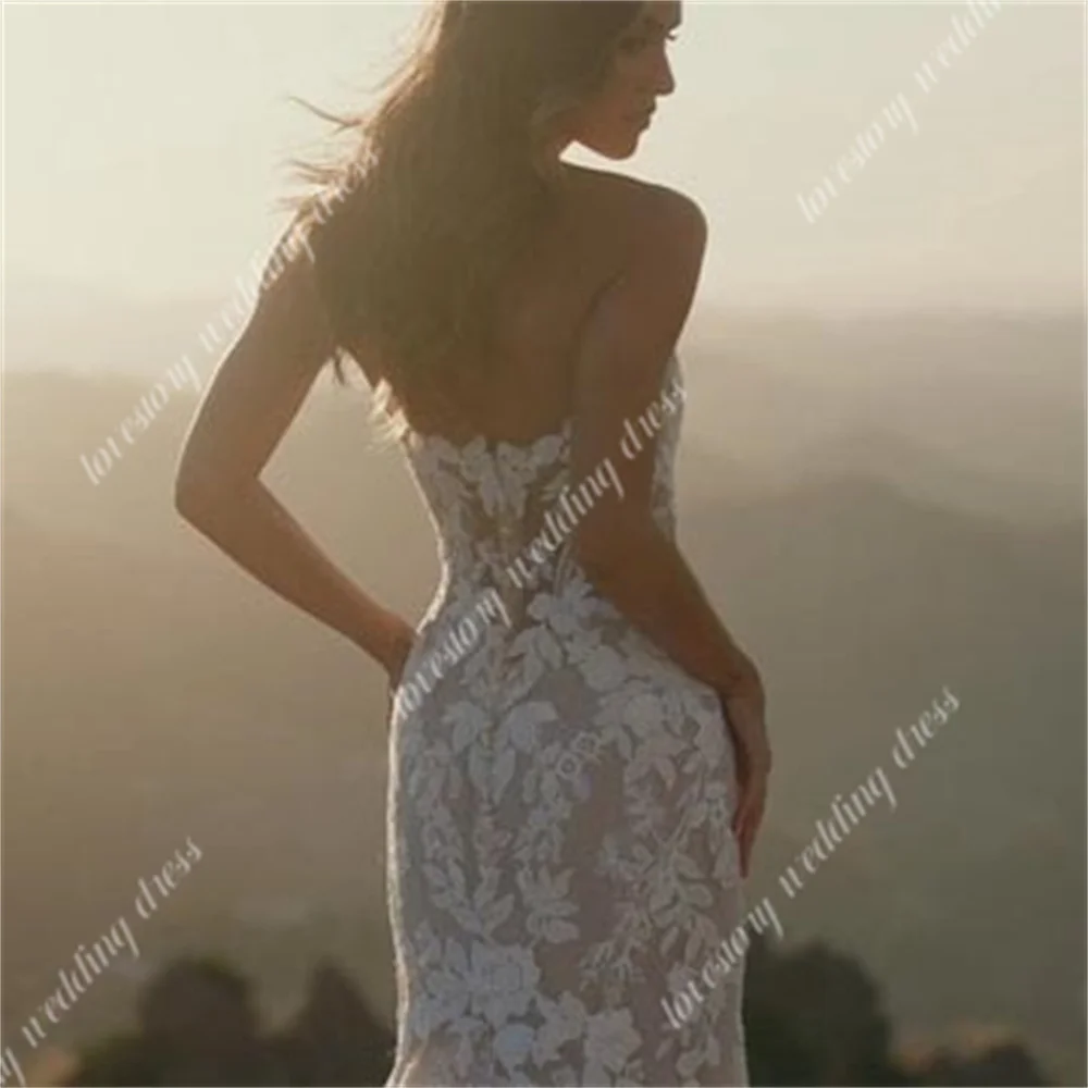 Vestido de novia de sirena con escote en V profundo, traje de novia Sexy con espalda descubierta, apliques de encaje, bonito