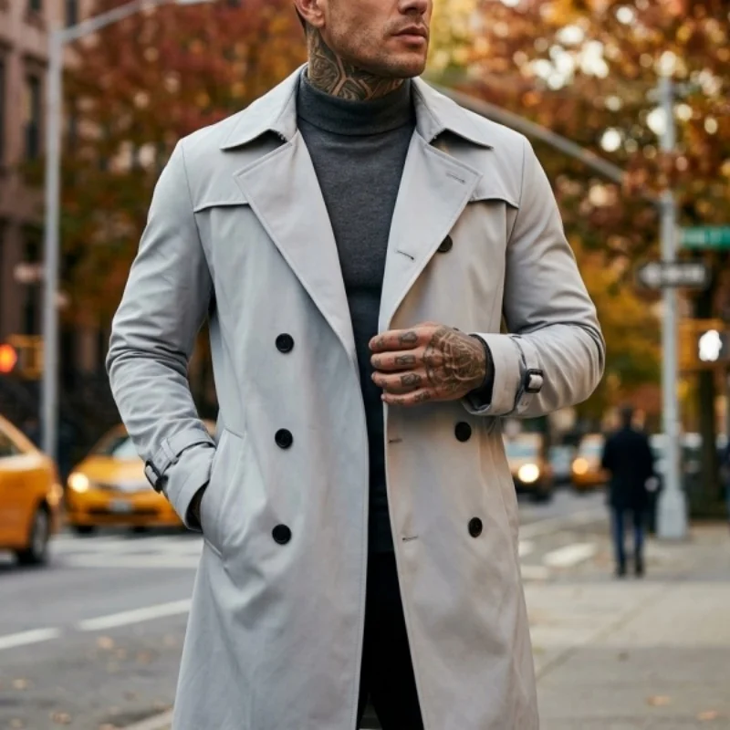 Herbst Neuer Trenchcoat Herren Streetwear Windbreaker Leichte Jacke Business Casual Outdoor Verlängerte Jacke Herrenbekleidung – Detail 7