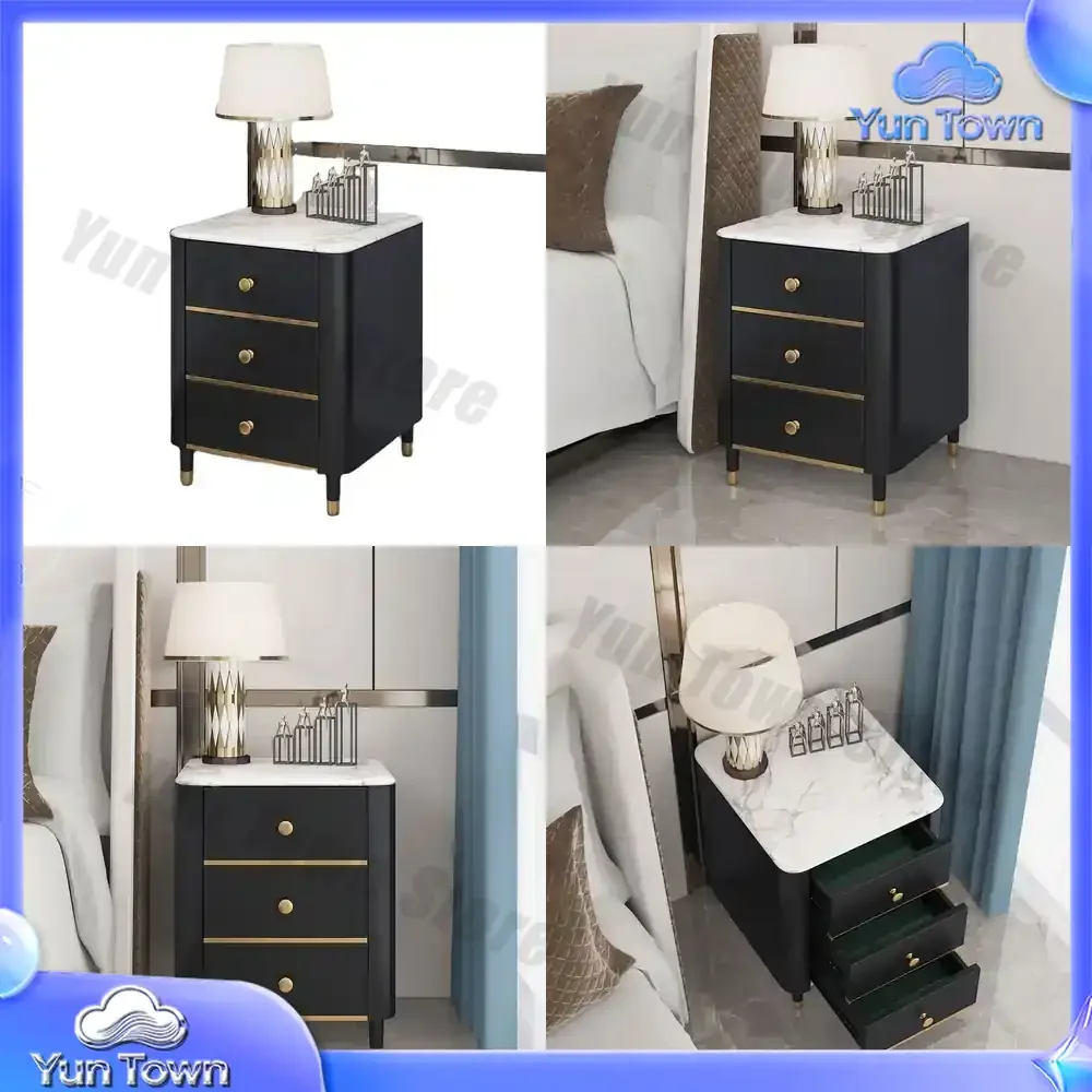 Newly Design Nordic Simple Style Square Black Delicate Nightstand Side Table With Three Drawers For Bedroom