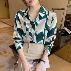 Female Spring Summer Fashion Simplicity Printing Color Blocking Turn-down Collar Women Shirts Trend Chiffon Loose Long Sleeve