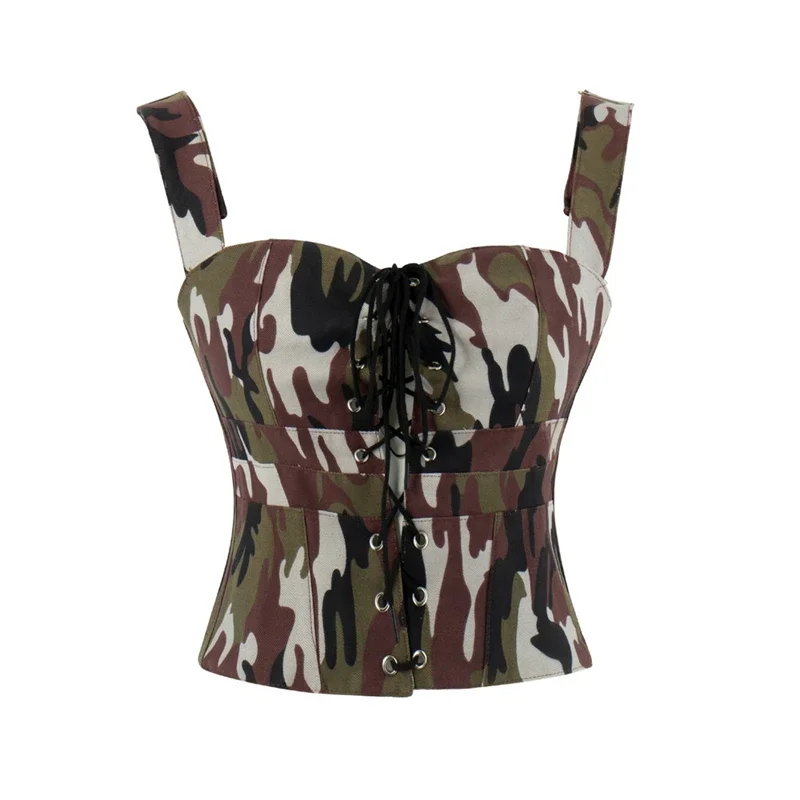 

Sexy Army Green Camouflage Overbust Corset Crop Tops Vintage Shoulder Strap Bustiers Vest Gothic Body Shaper Lingerie Bodices