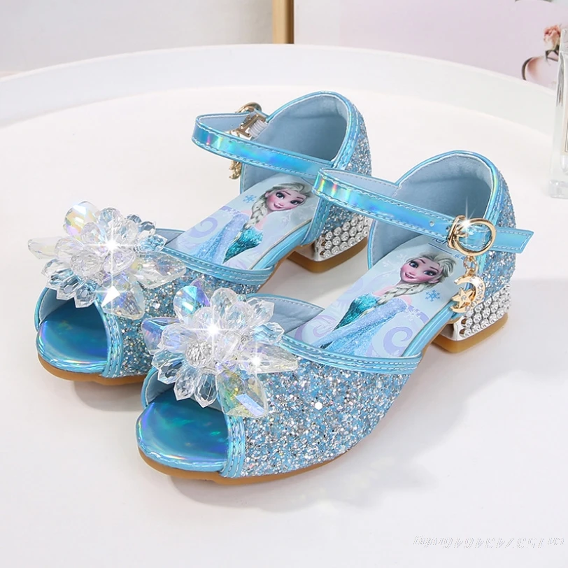 2021 New Frozen Elsa And Anna Girls Sandals With Glitter Bow Princess Kids Soft Shoes