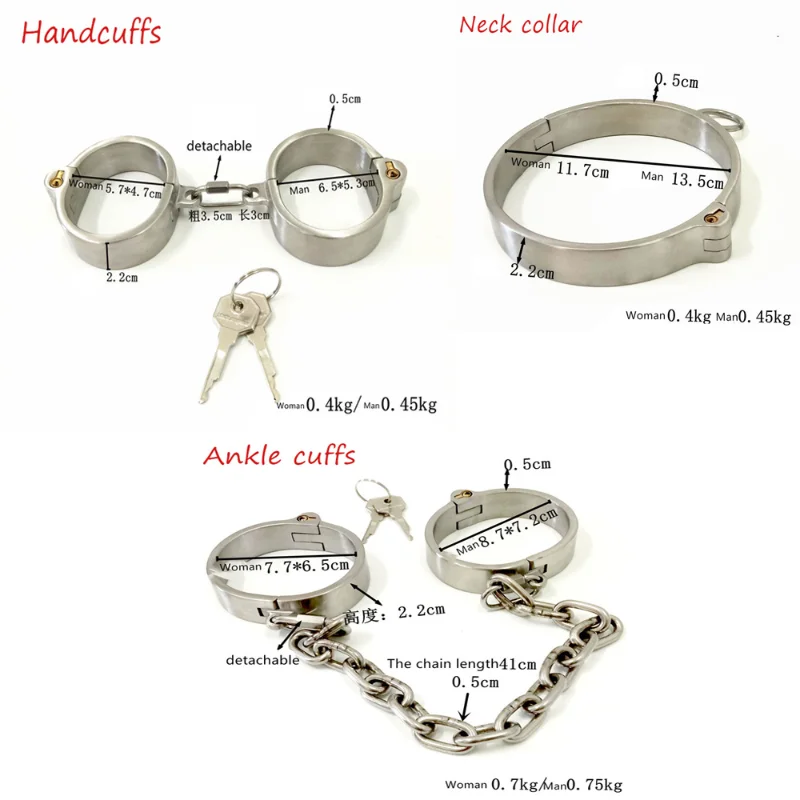 Stainless Steel Lockable Neck Collar Wrist Handcuffs Ankle Cuffs Detachable Buckle Chain Spreader Bar Slave BDSM Bondage Sex Toy