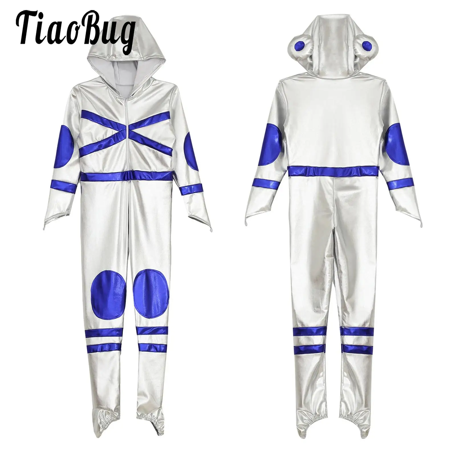 

Kids Boys Astronaut Cosplay Costume for Halloween Carnival Dress Up Metallic Shiny Silver Space Jumpsuit Alien Role Play Clothes