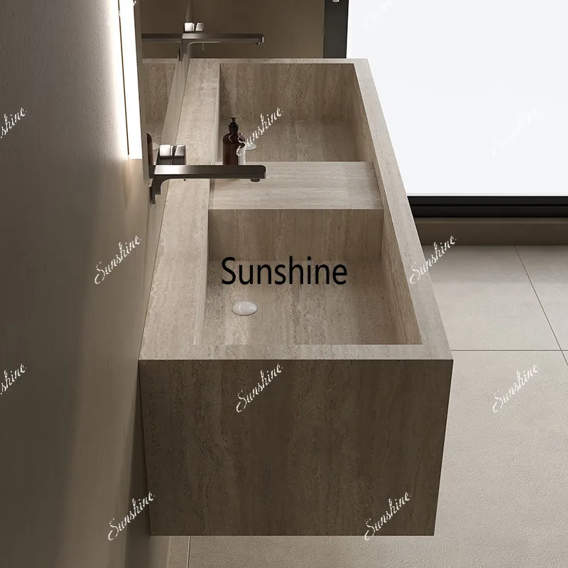Travertine bathroom cabinet rock slab seamless integrated basin custom bathroom sink