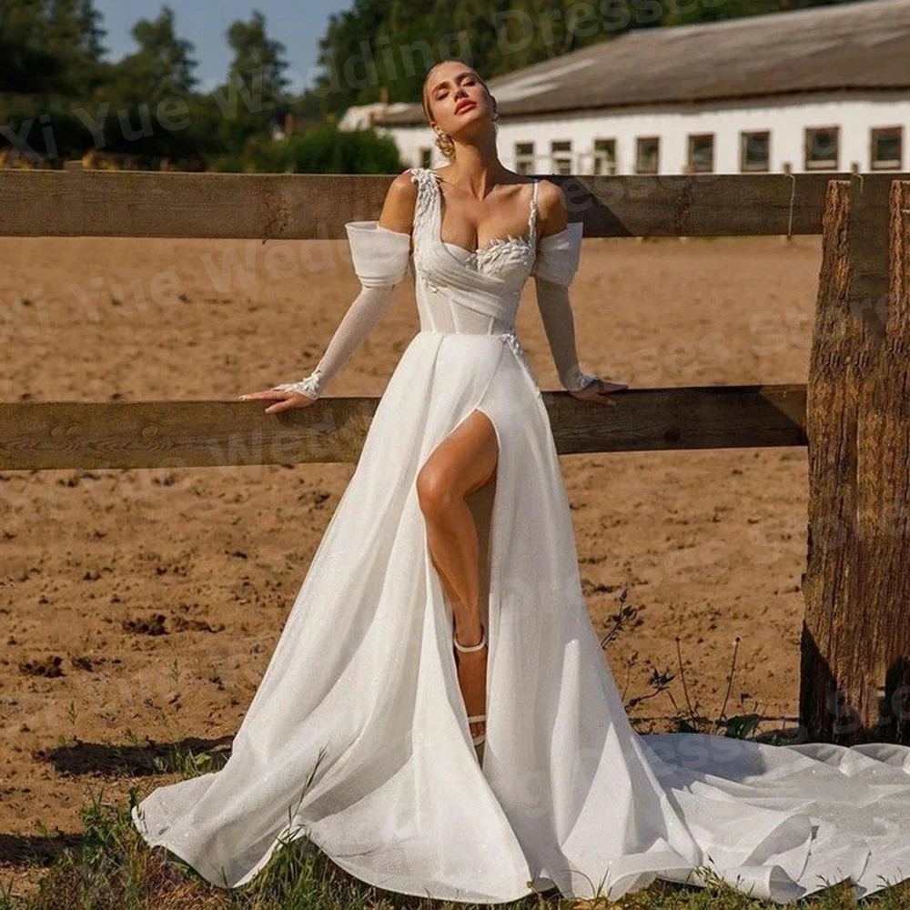 Simples uma linha vestidos de casamento feminino apliques vestidos de novias de boda vestidos de noiva personalizado manga longa fenda lateral