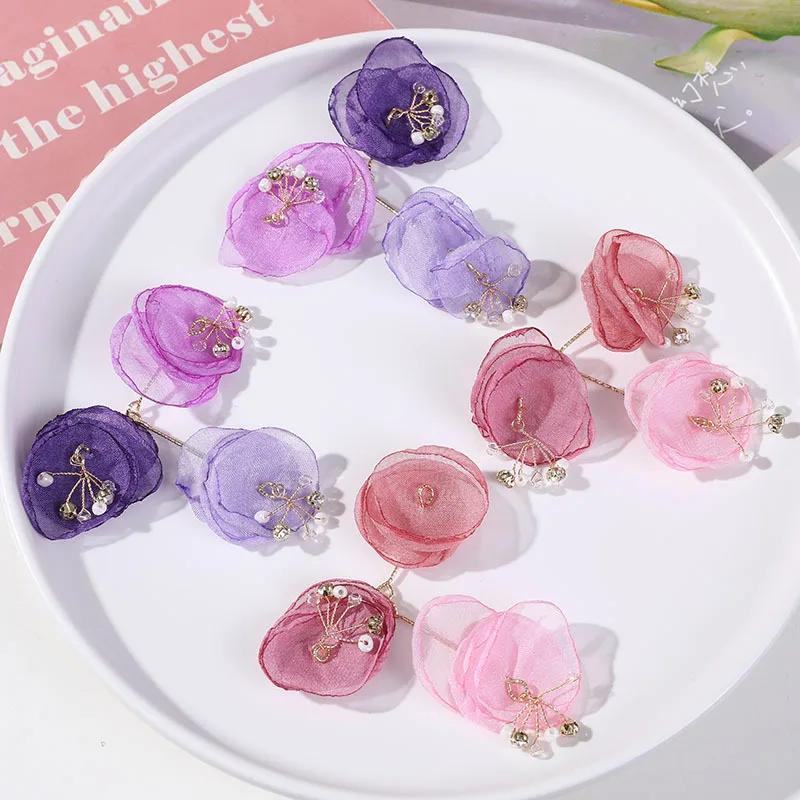 2pcs Fairy beautiful three color patchwork mesh flower DIY woven beaded hair clips hair accessories earrin