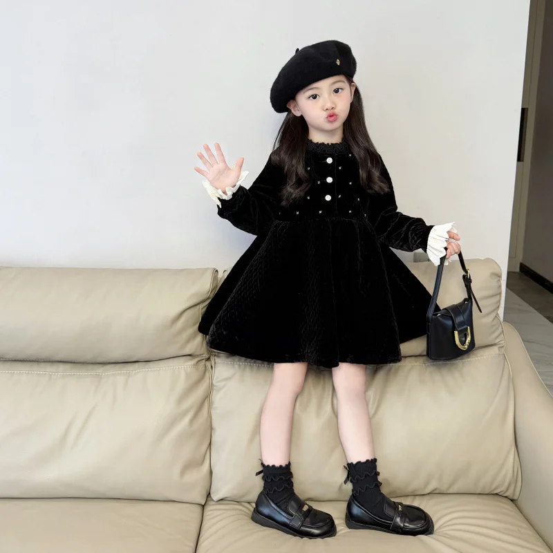 

Girls' Elegant Velvet Little Black Dress2025Autumn and Winter New Girl Hepburn Style High-end Princess Dress Birthday Dress