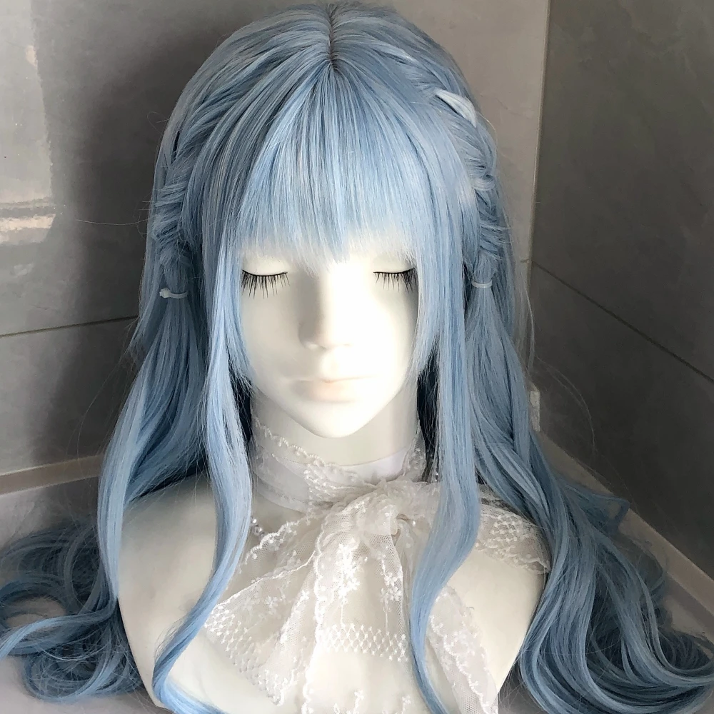 Fukawa Shoko Cosplay Wig Long Blue Hair Simulated Scalp Top Rose Net Inner Cap Heat Resistant Synthetic Fiber Wig Halloween Wig
