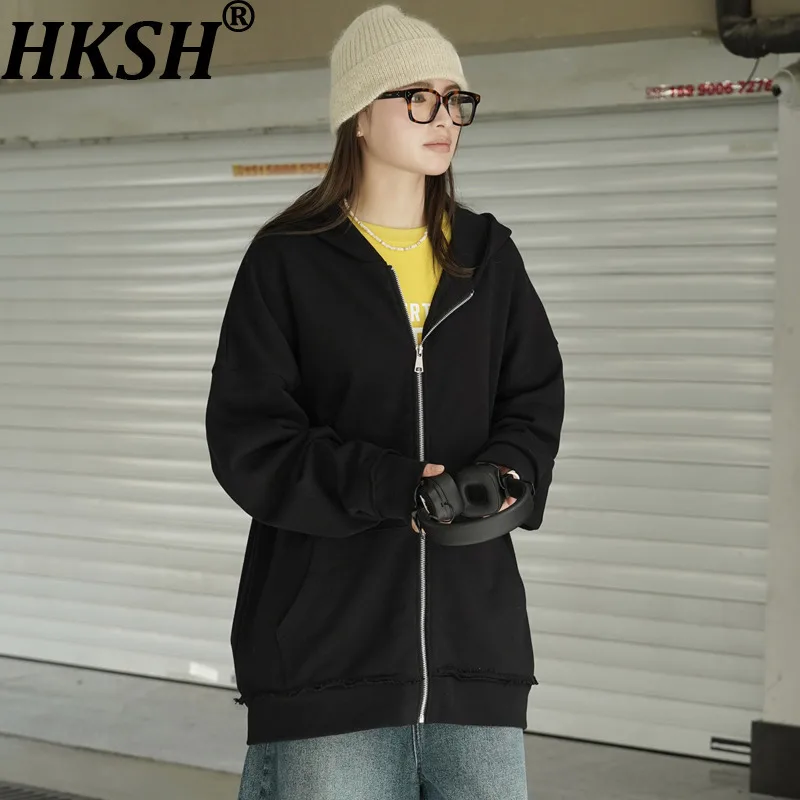 

HKSH Spring Autumn New Women Frayed Hooded Sweatshirts Design Distressed Loose Casual Oversized Coat Pockets Zipper Tops HK12636