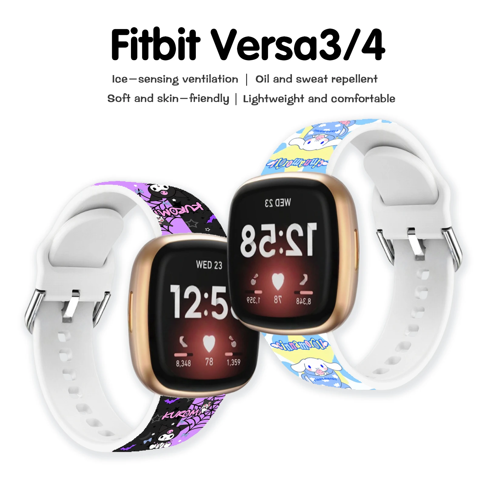 حزام SANRIO Series 4 المطبوع لساعة Fitbit Sense 2/1 سوار قابل للاستبدال لساعة Versa 4/3 للنساء كهدية