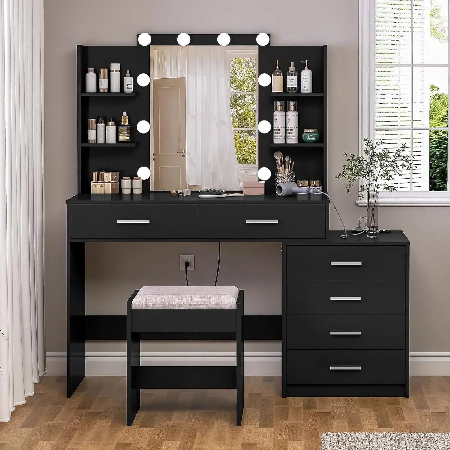 Vanity Desk Set with Mirror & Power Outlet, 6 Drawers, 6 Open Shelves, 10 Light Bulbs, 3 Light Color,Girls, Black