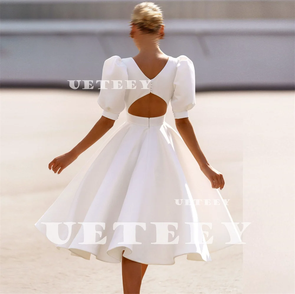 UETEEY Customized O Neck Half Puff Sleeves Crepe A Line Wedding Dress Women Simple Button Cut Out Back Mid-Calf Bridal Gown