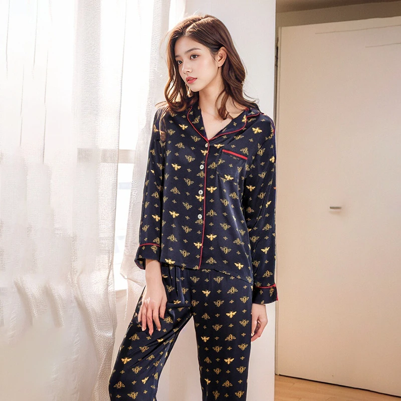 

Printed Women's 100% Mulberry Silk Pyjamas Set Girls Spring and Autumn Pajamas Nightwear Ladies Long-Sleeved Cardigan Trousers