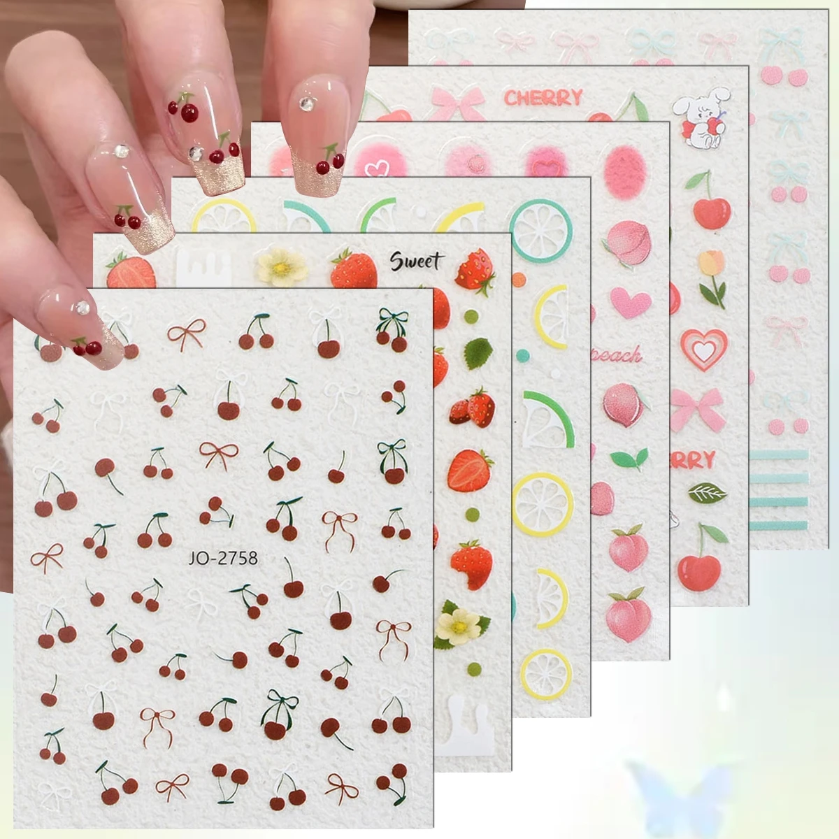 3/6/12 Blatt Frucht-Nagelaufkleber Kirsche Erdbeere Pfirsich Zitrone Schleife Nagelsticker 3D Geprägte Selbstklebende Sommer-Nagelkunst