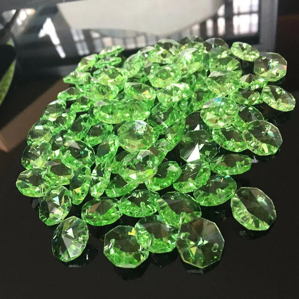 

10PC Green Octagon Glass Crystal Bead 2-holes Flatback Button Earring Jewelry Pendant Faceted Prism Chandelier Sun Catcher Parts