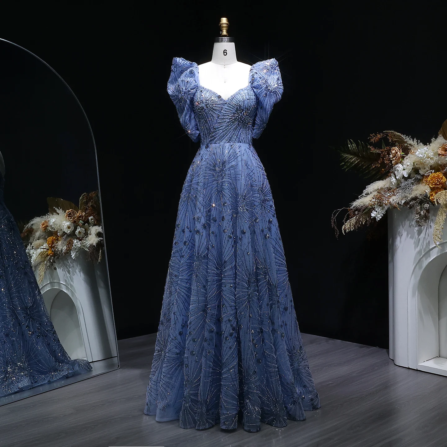 Sharon Said Dubai Luxuriöses Blaues Abendkleid mit Puffärmeln und Schwerer Perlenstickerei, Saudi-Arabisches Damen-Hochzeitskleid, Formelles Partykleid SS080 Maßanfertigung – Detail 3